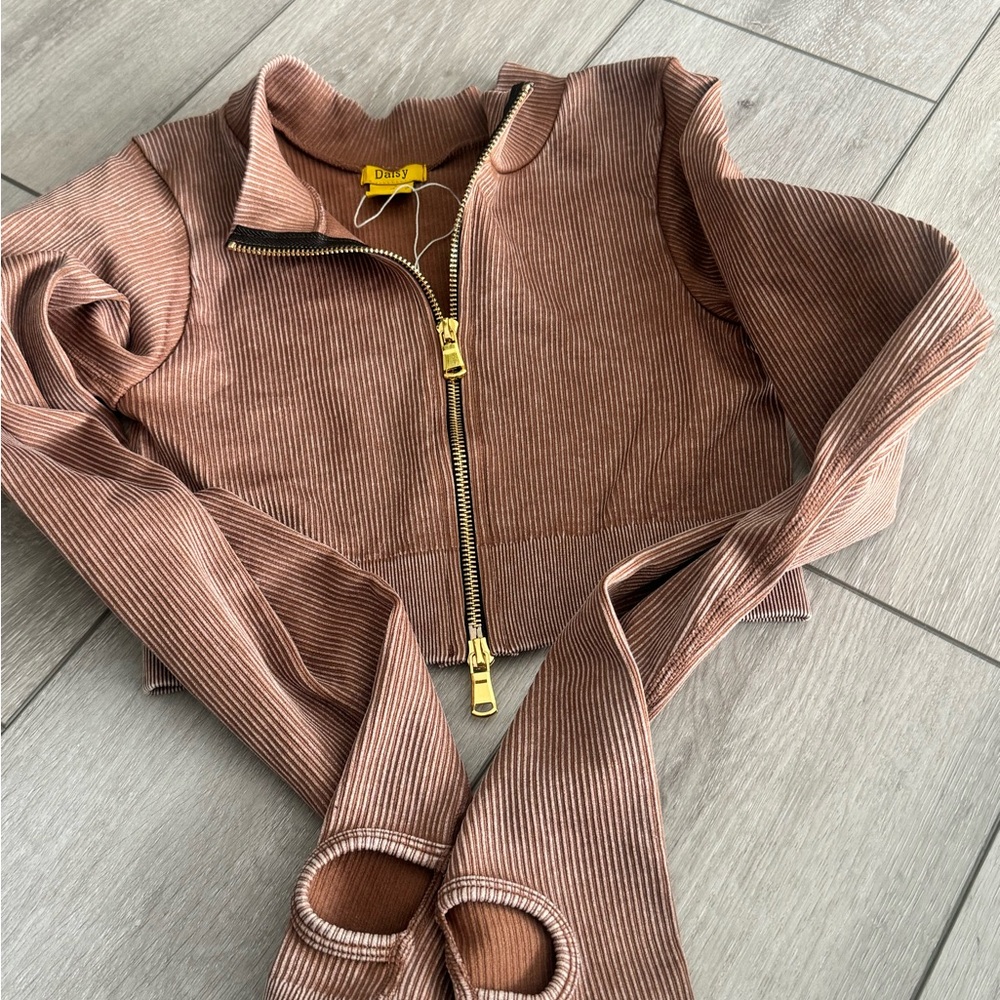 Daisy Tan Ribbed Jacket with Gold Zipper